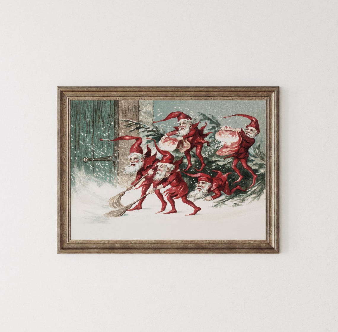Vintage Christmas Elves Sweeping Snow Holiday Gnome Art Poster - Image 2