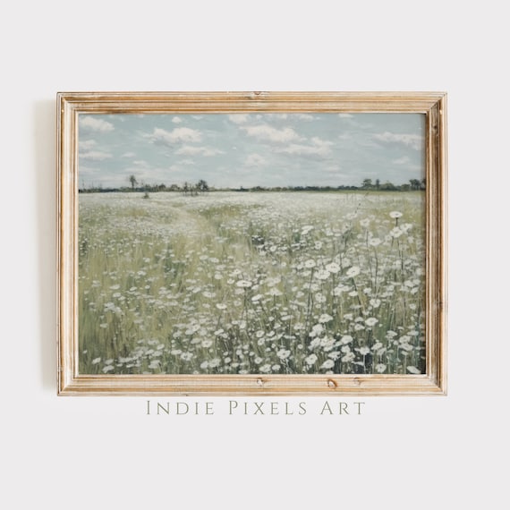 White Wildflower Field Stretching to Horizon Vintage Art Print