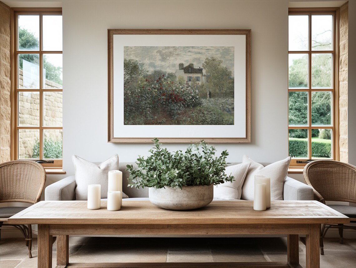 Impressionist Cottage Rose Garden Red Blooms Overcast Sky Art Wall Poster - Image 4