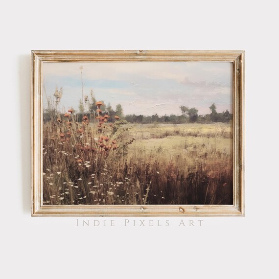 Rust Orange Wildflowers Autumn Field Vintage Painting Wall Art