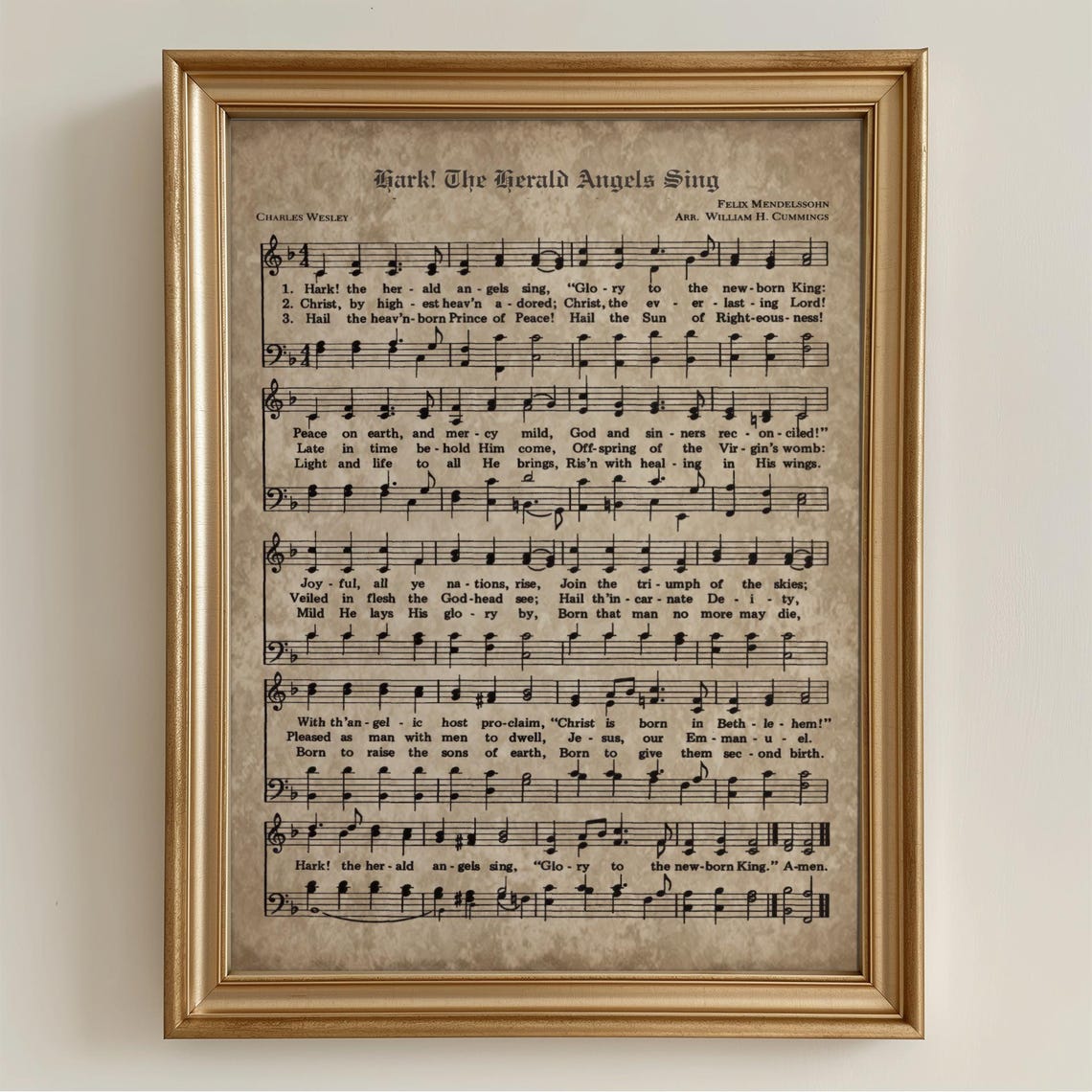 Hark The Herald Angels Sing Christmas Carol Sheet Music Vintage Poster