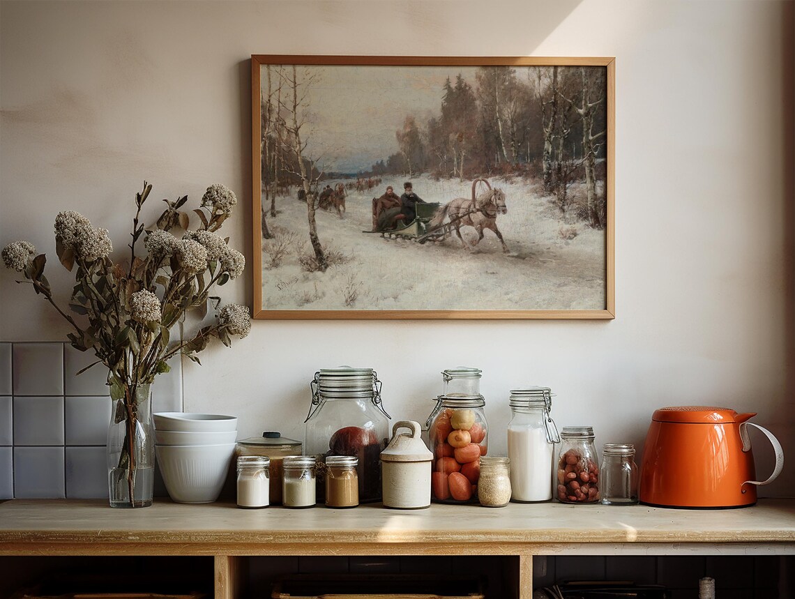 Vintage Horse Drawn Sleigh Riders Snowy Birch Forest Oil Painting Print - Image 2