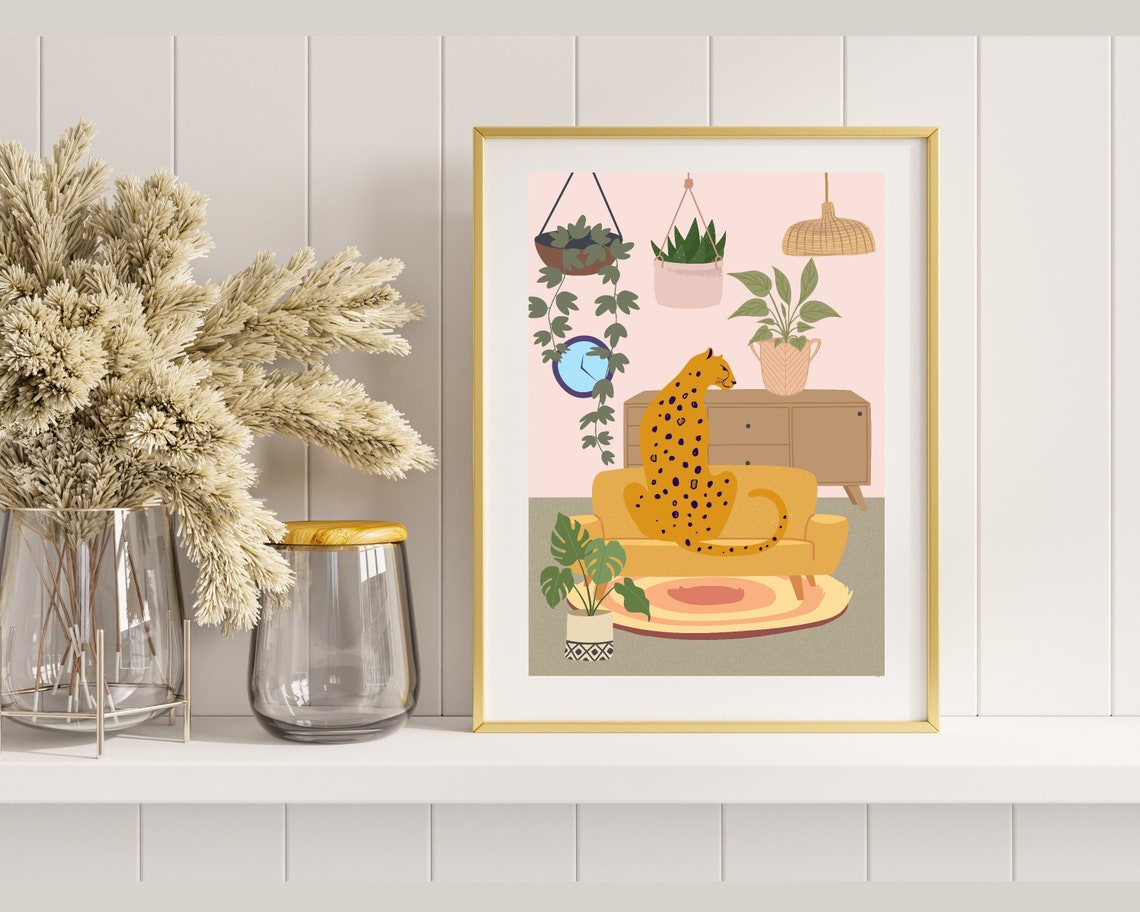 Cheetah Sitting on Mustard Sofa Funny Spotted Big Cat Animal Poster - Image 2