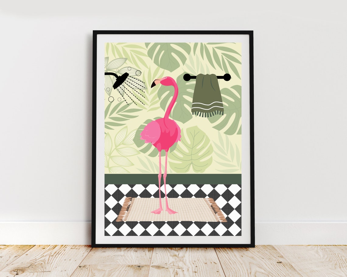 Pink Flamingo In A Tropical Leaf Green Bathroom Shower Poster - Image 2