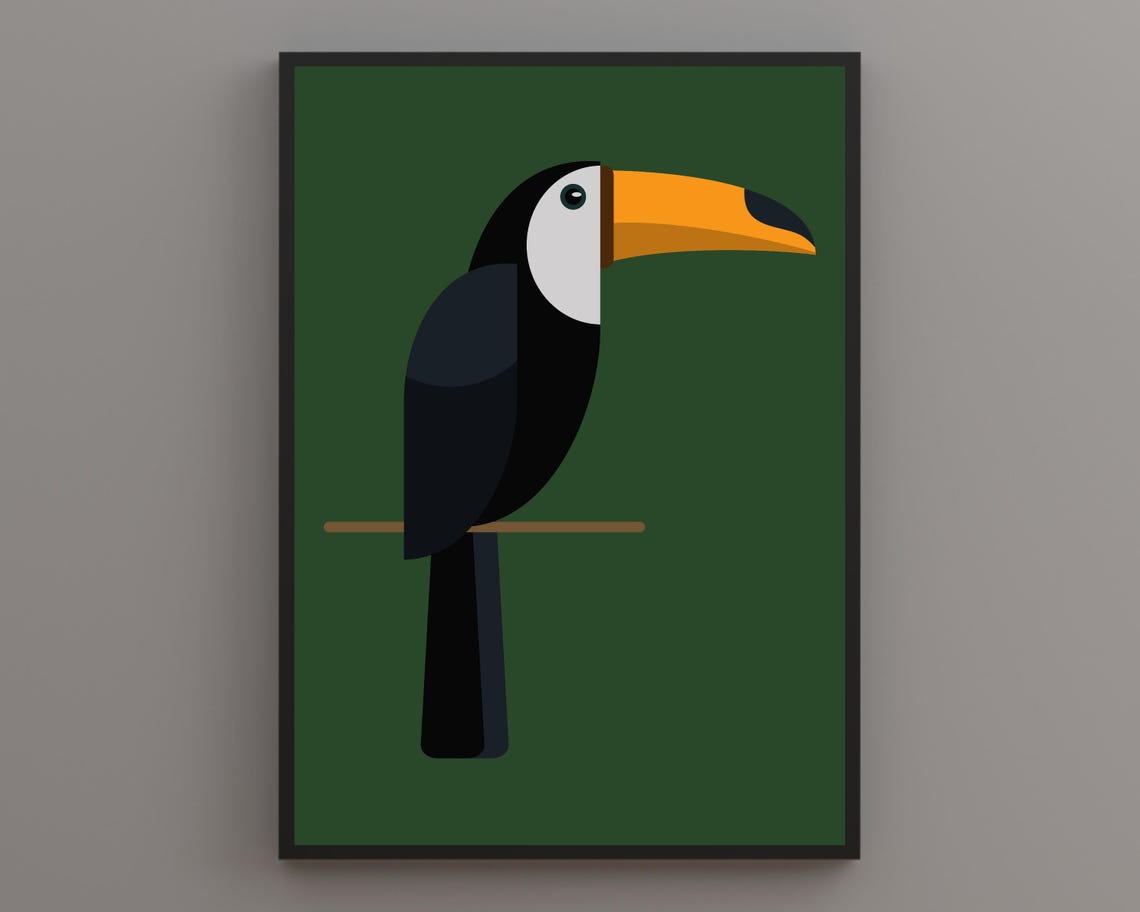 Toucan Perched On A Branch On A Dark Green Minimalist Bird Print