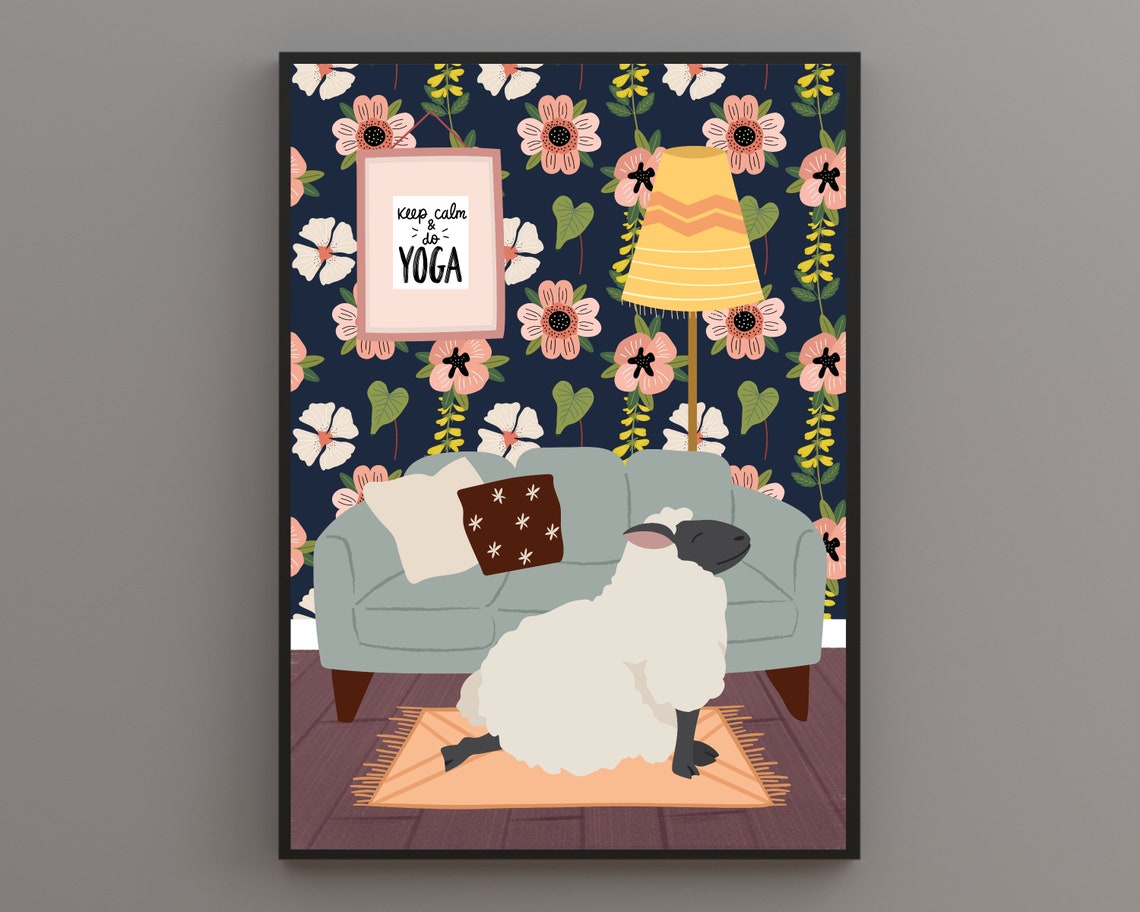 Sheep Sitting by Grey Sofa Funny Navy Floral Yoga Animal Poster