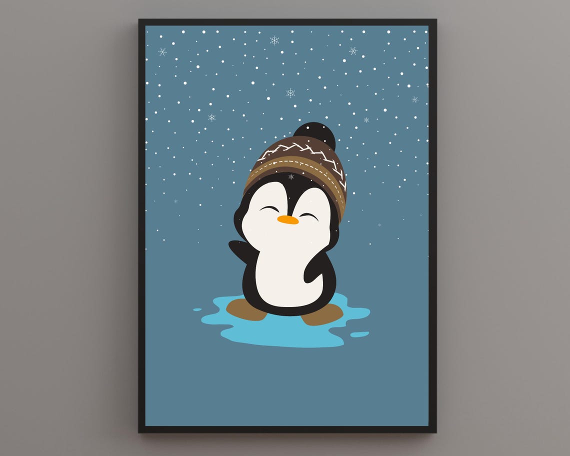 Happy Penguin in a Knit Hat Playing Under Falling Snow Poster