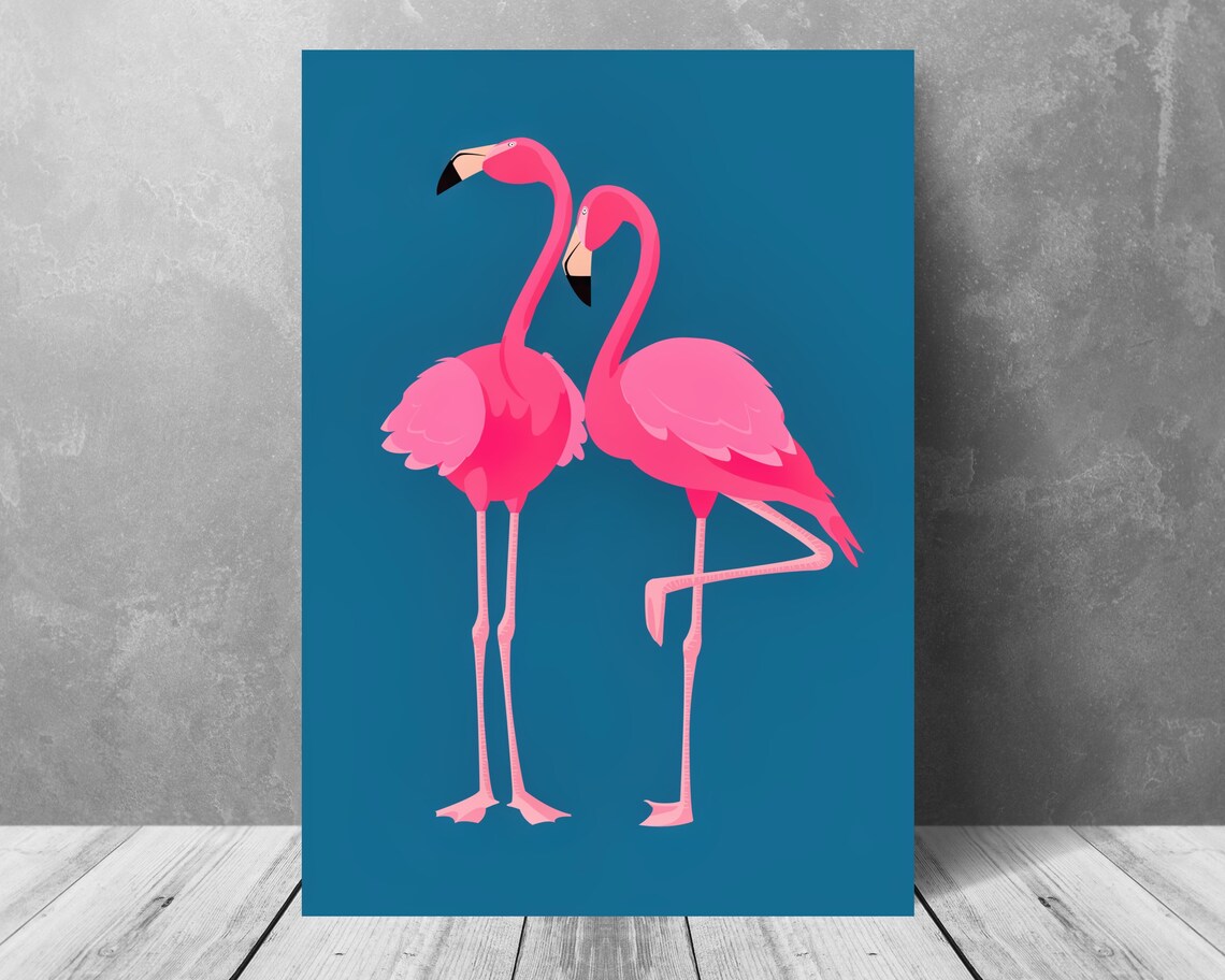 Pink Flamingos on Blue Background, Boho Animal Art Print - Image 3