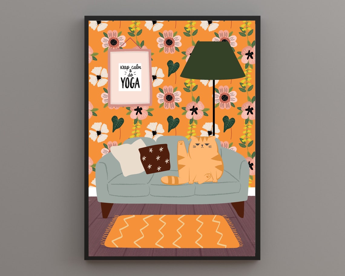 Ginger Cat on Grey Sofa by Keep Calm and Do Yoga Sign Animal Poster