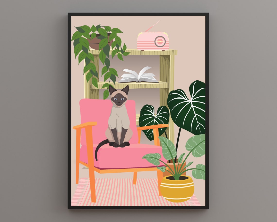 Siamese Cat on Pink Chair with Bookcase Cute Botanical Animal Poster