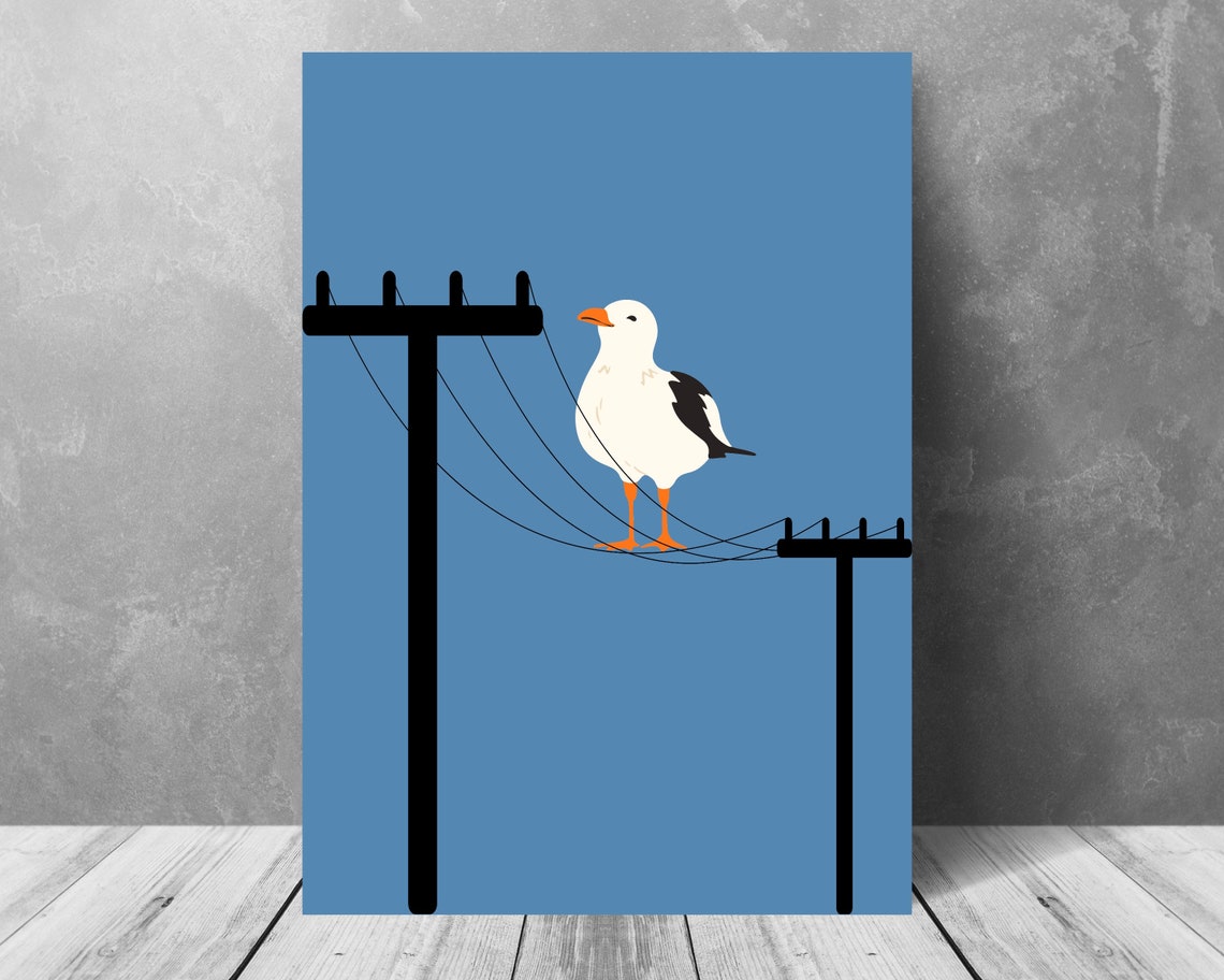 Seagull Perched on Telephone Wires Against a Calm Blue Sky Poster - Image 3