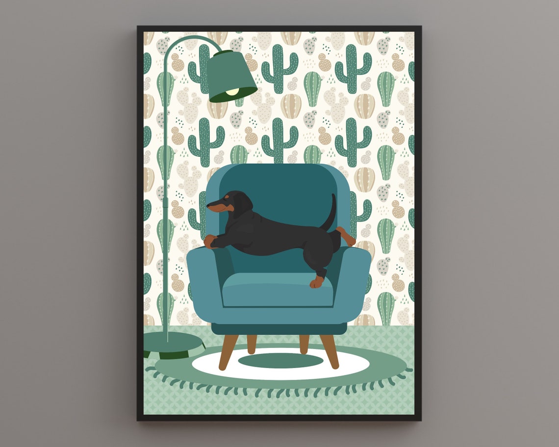Dachshund Stretching on Teal Armchair Funny Cactus Room Dog Poster