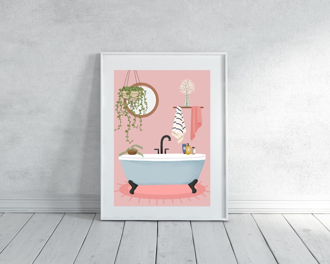 Pink Clawfoot Bathtub Scene With Hanging Plants Bathroom Poster - Image 2