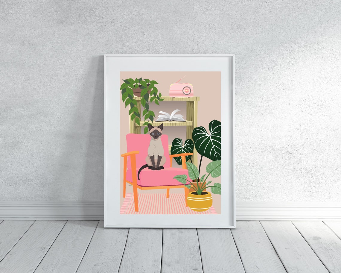 Siamese Cat on Pink Chair with Bookcase Cute Botanical Animal Poster - Image 3