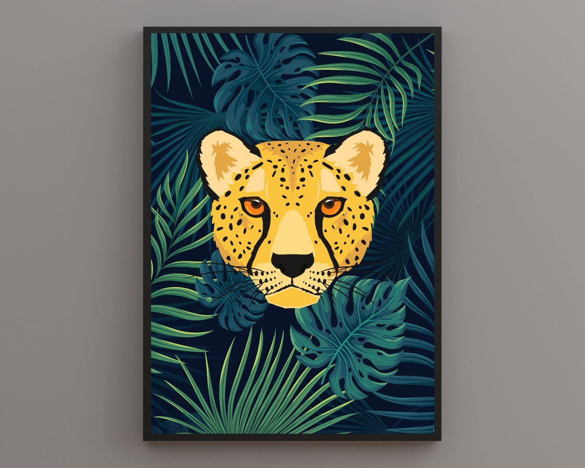 Striking Cheetah Face Emerging from Midnight Tropical Leaves Poster