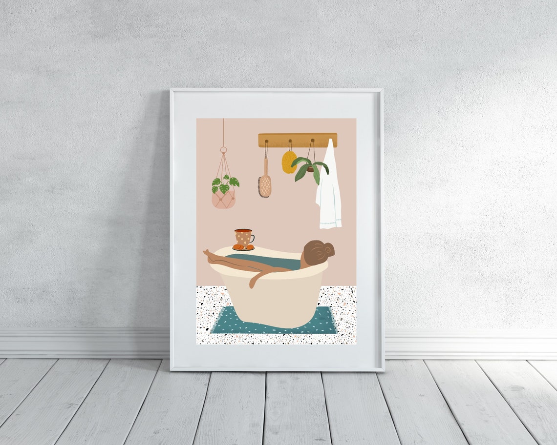 Woman Relaxing In A Bathtub With Tea Warm Beige Bathroom Print - Image 3