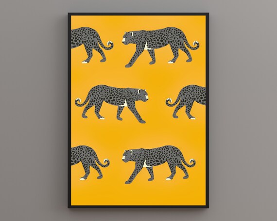 Stylized Grey Leopards Prowling Across a Mustard Yellow Poster