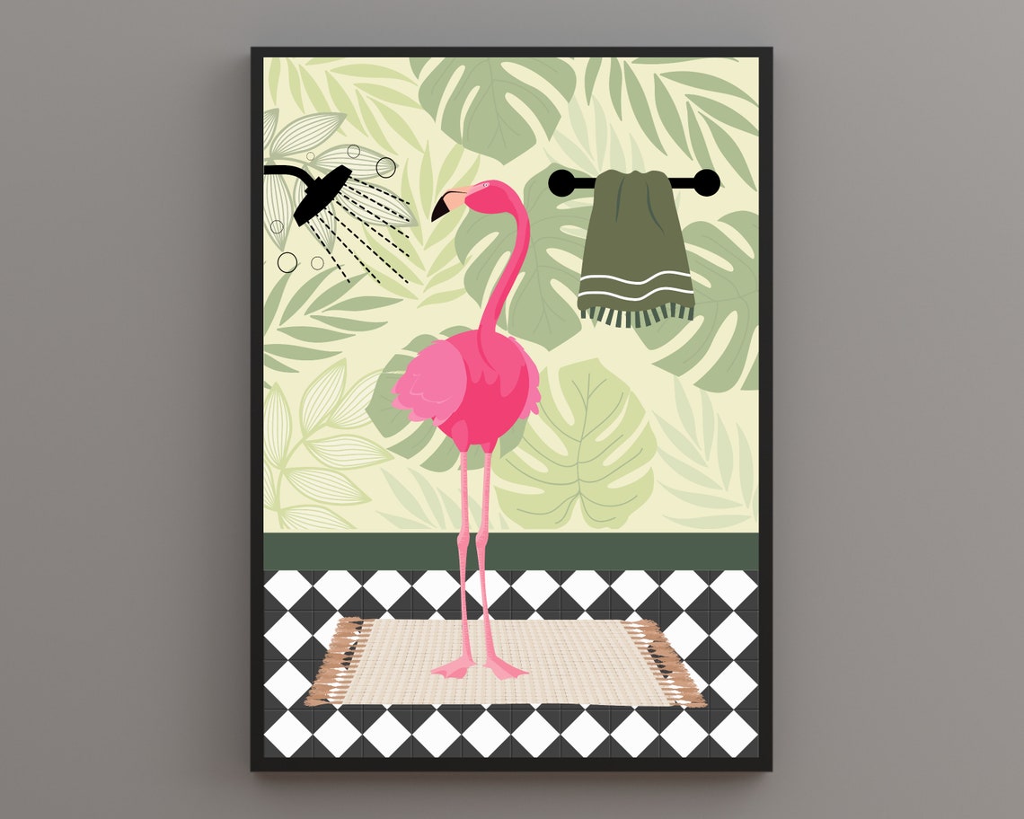 Flamingo In The Shower Flamingo In The Bathroom Print Animal In Bathroom Green Bathroom Print Wild Animal In Shower Funny Animal Print