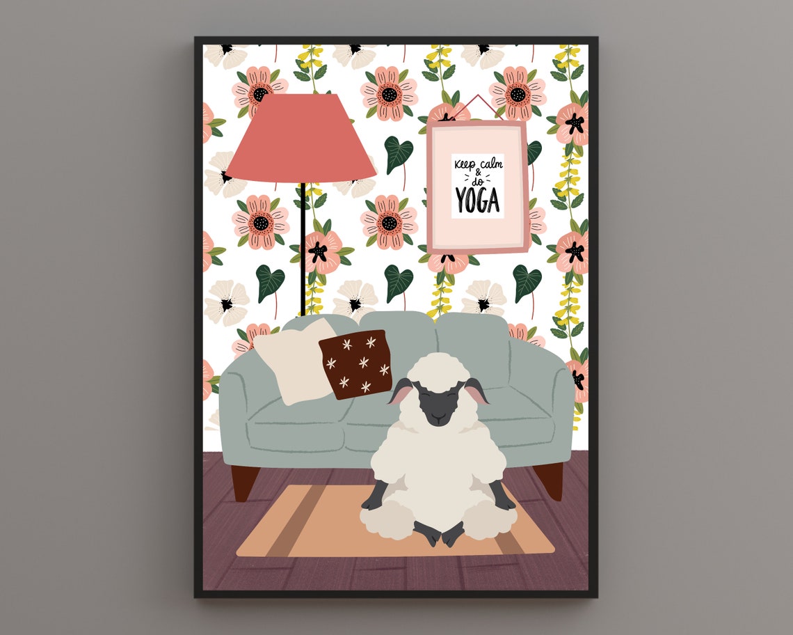Sheep Meditating on Rug by Grey Sofa Funny Yoga Animal Poster