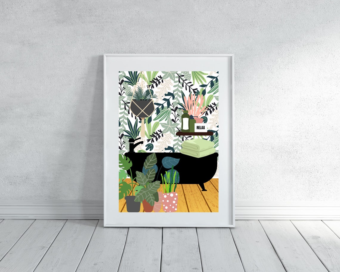 Black Bathtub With Tropical Plants On A Warm Wooden Floor Poster - Image 3
