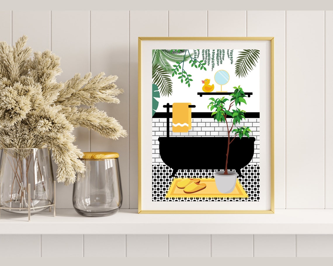 Black Bathtub With Yellow Towel Duck And Ficus Bathroom Poster - Image 2