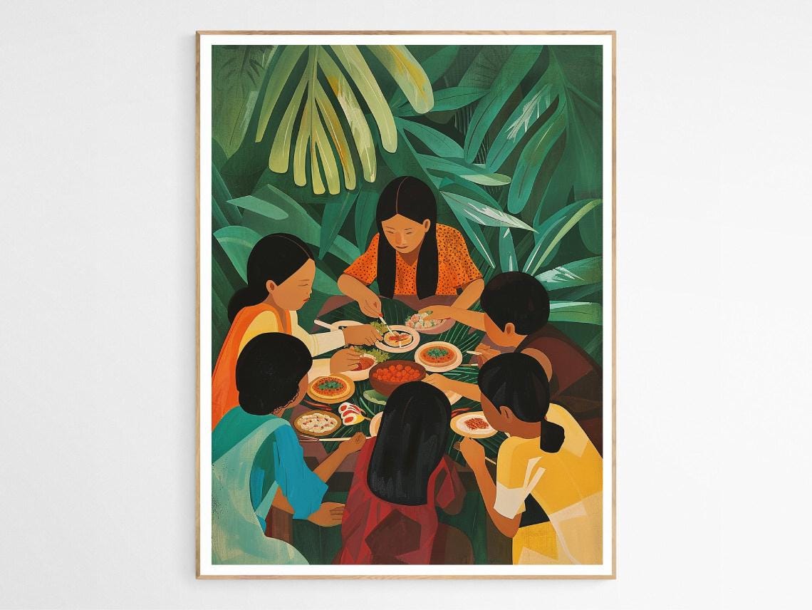 Filipino Kamayan Feast Family Gathered Around Banana Leaves Art Poster