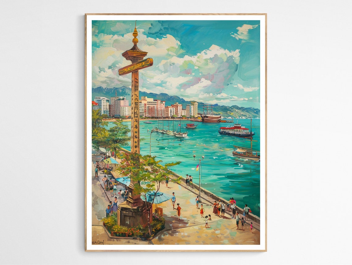 Cebu City Harbor Magellans Cross Vintage Philippines Travel Poster