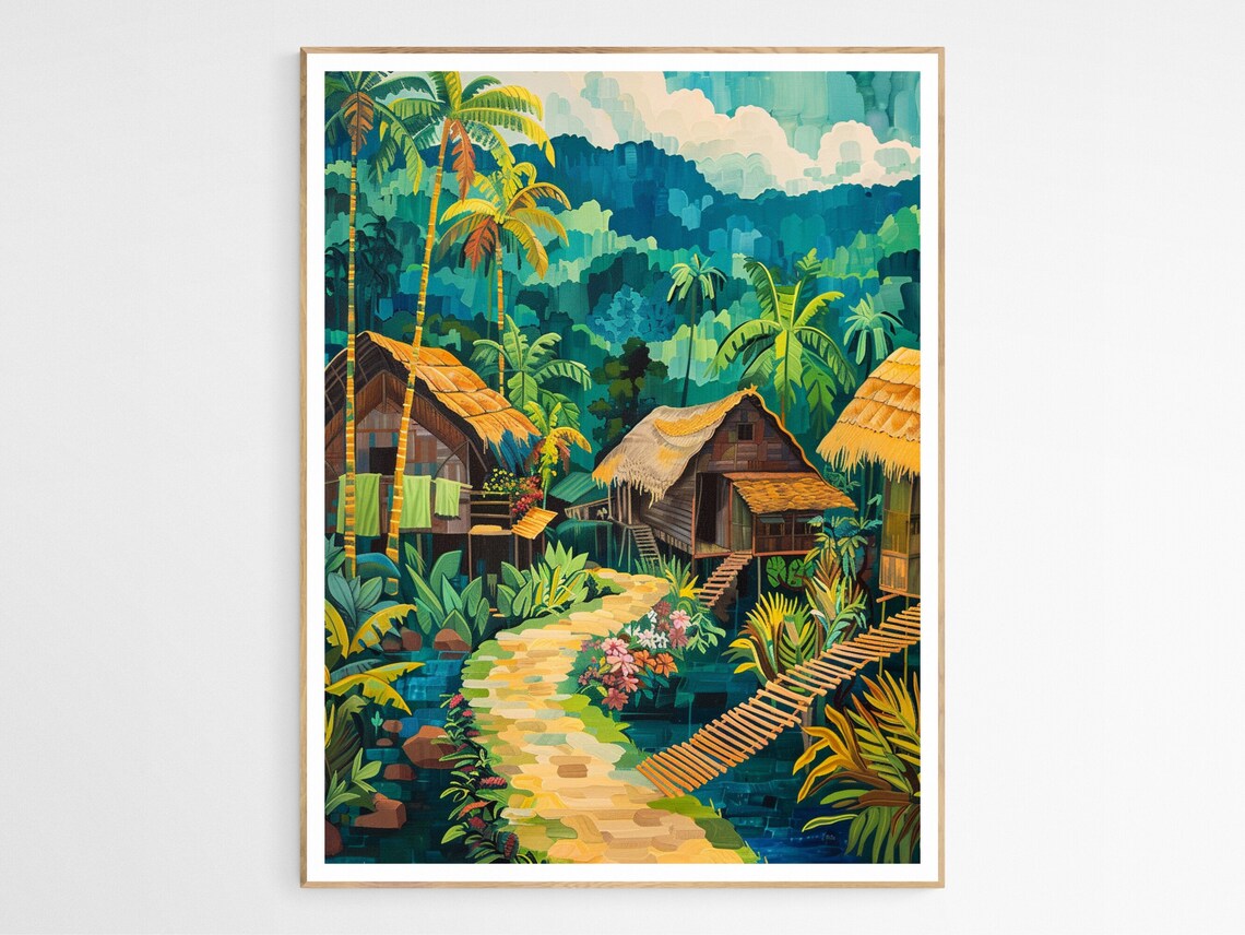 Filipino Village Path Nipa Huts Palm Trees Tropical Art Print