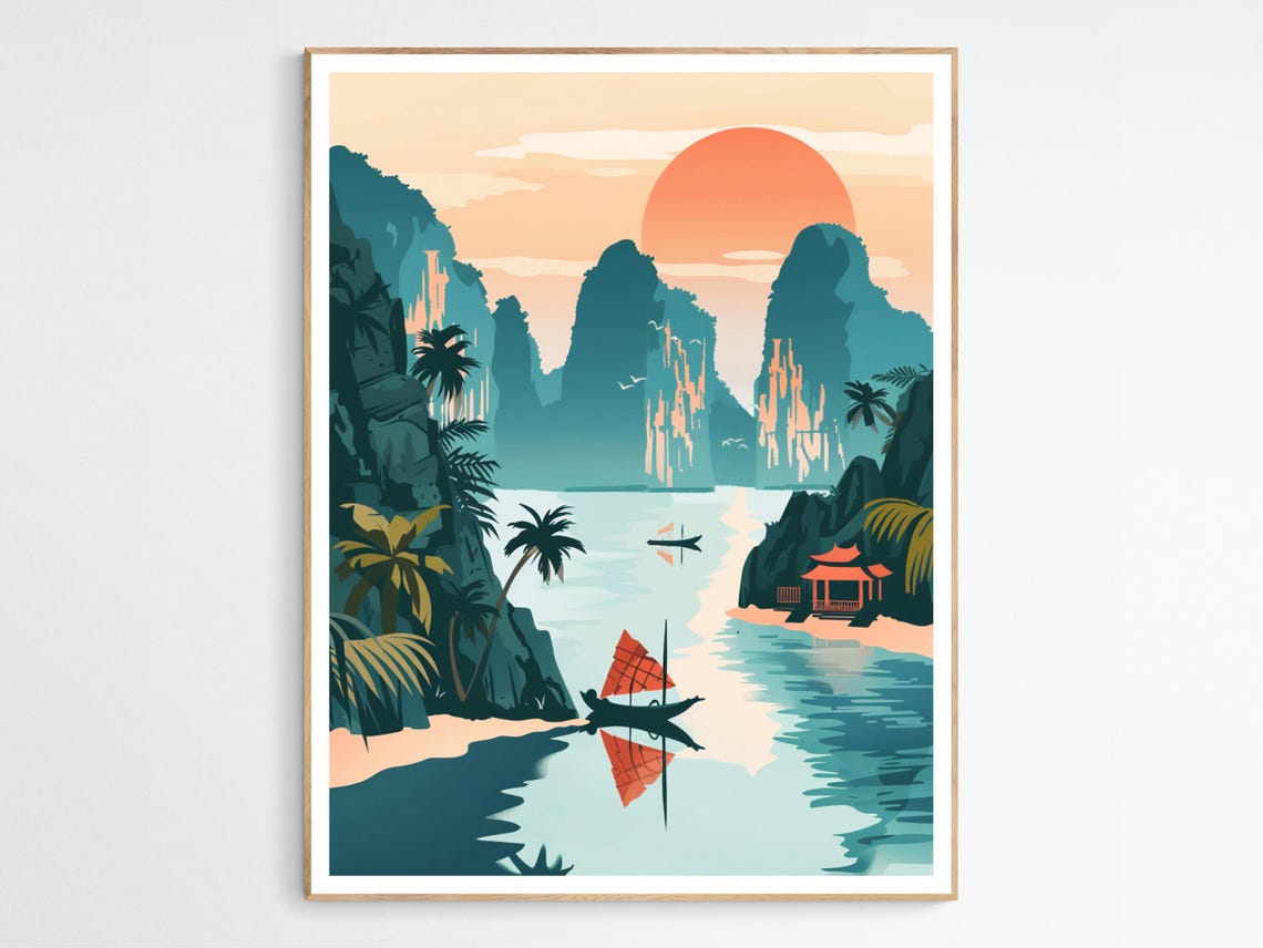 Vietnam Bay Limestone Karsts Sunset Sailboat Travel Wall Poster