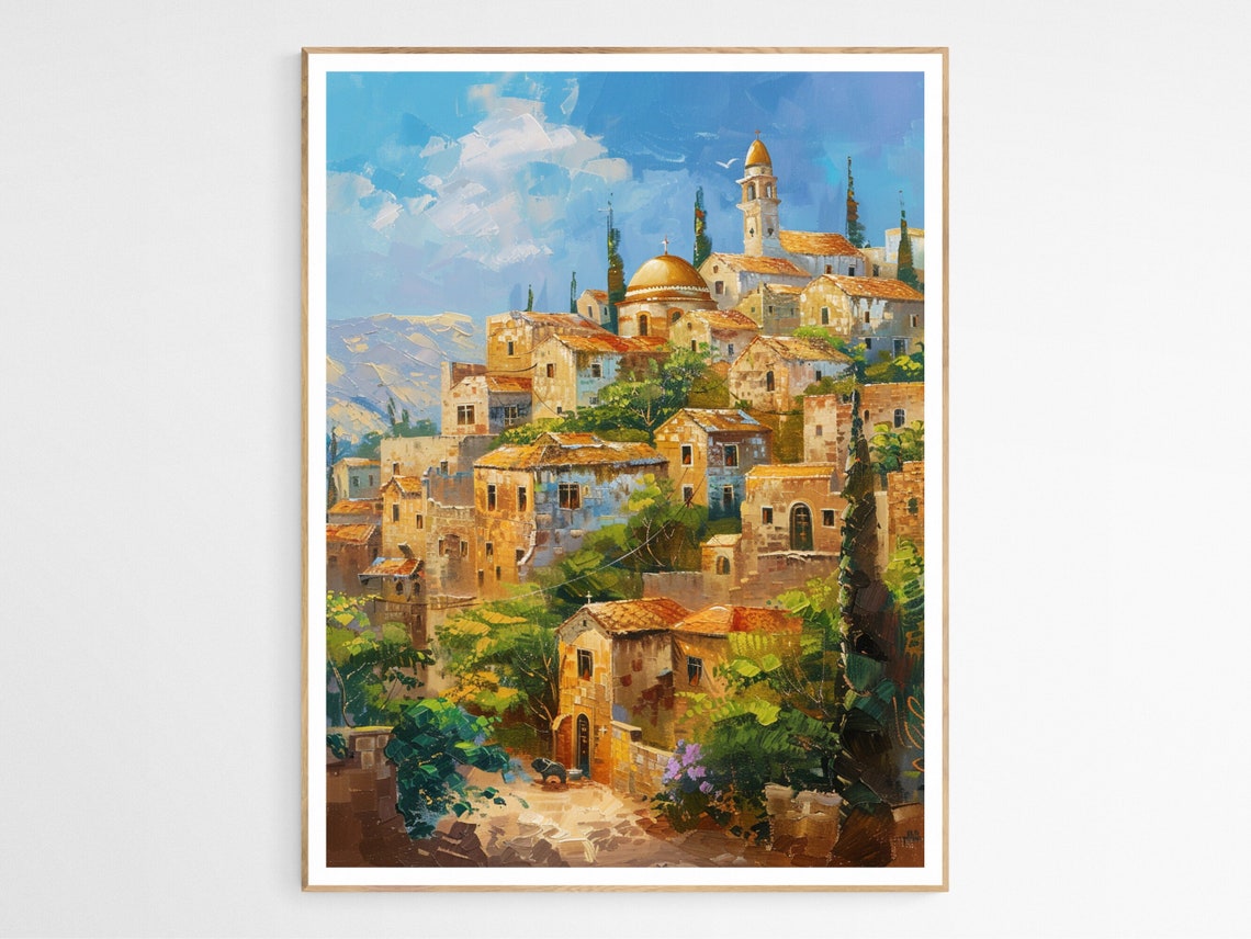 Bethlehem Hillside Old Stone Village Golden Dome Oil Painting Poster