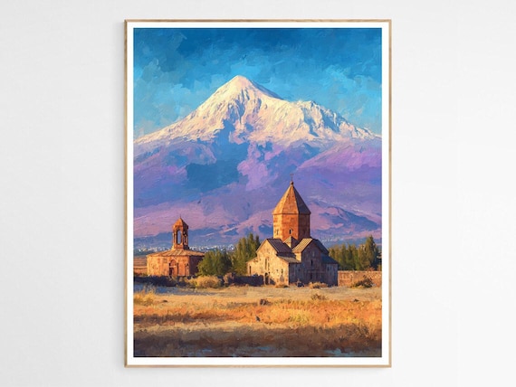 Mount Ararat with Armenian Church Sunset Landscape Travel Poster