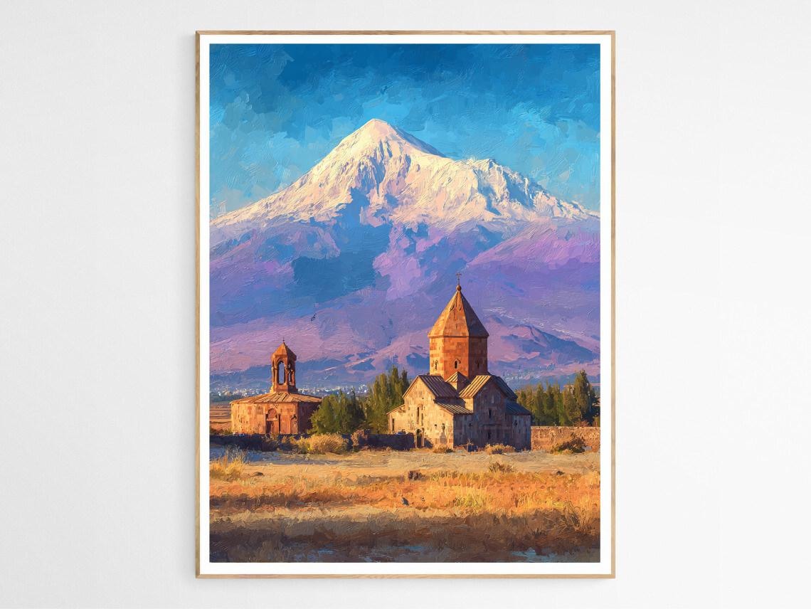 Mount Ararat with Armenian Church Sunset Landscape Travel Poster