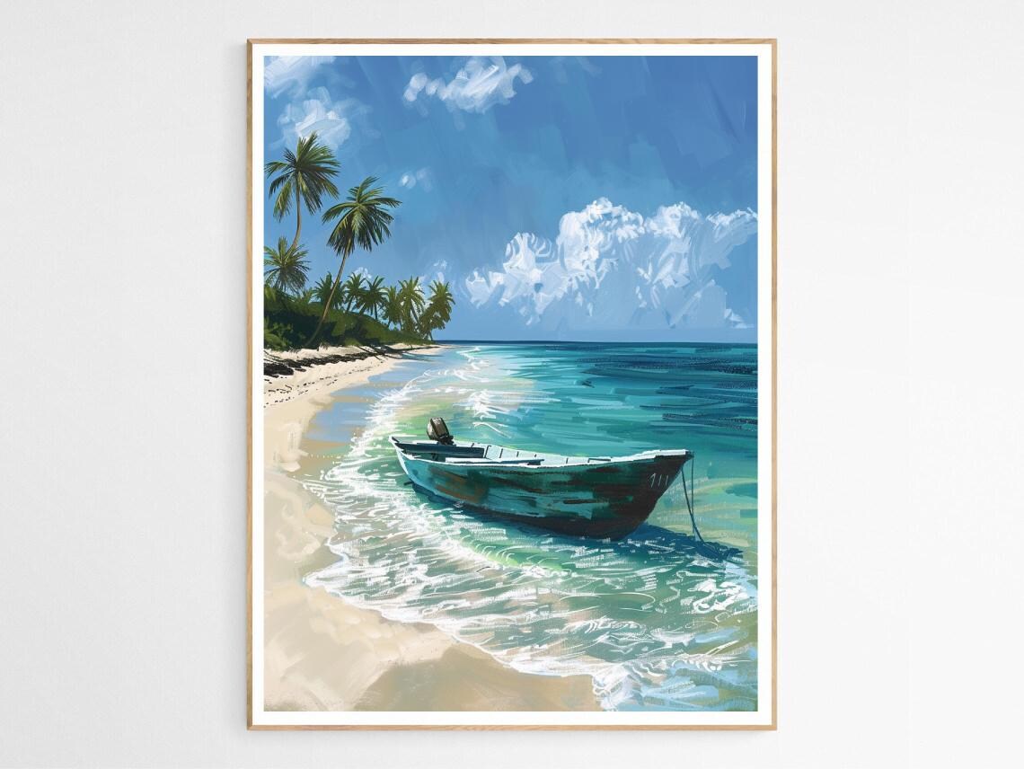 Puerto Rico Tropical Beach Boat Seascape Painting Art Poster