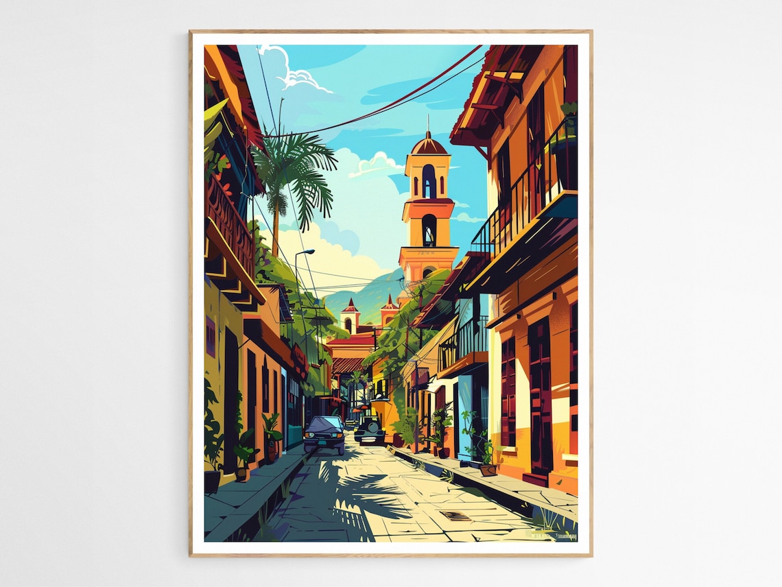 Manila Philippines Colonial Street Bell Tower Retro Travel Art Poster
