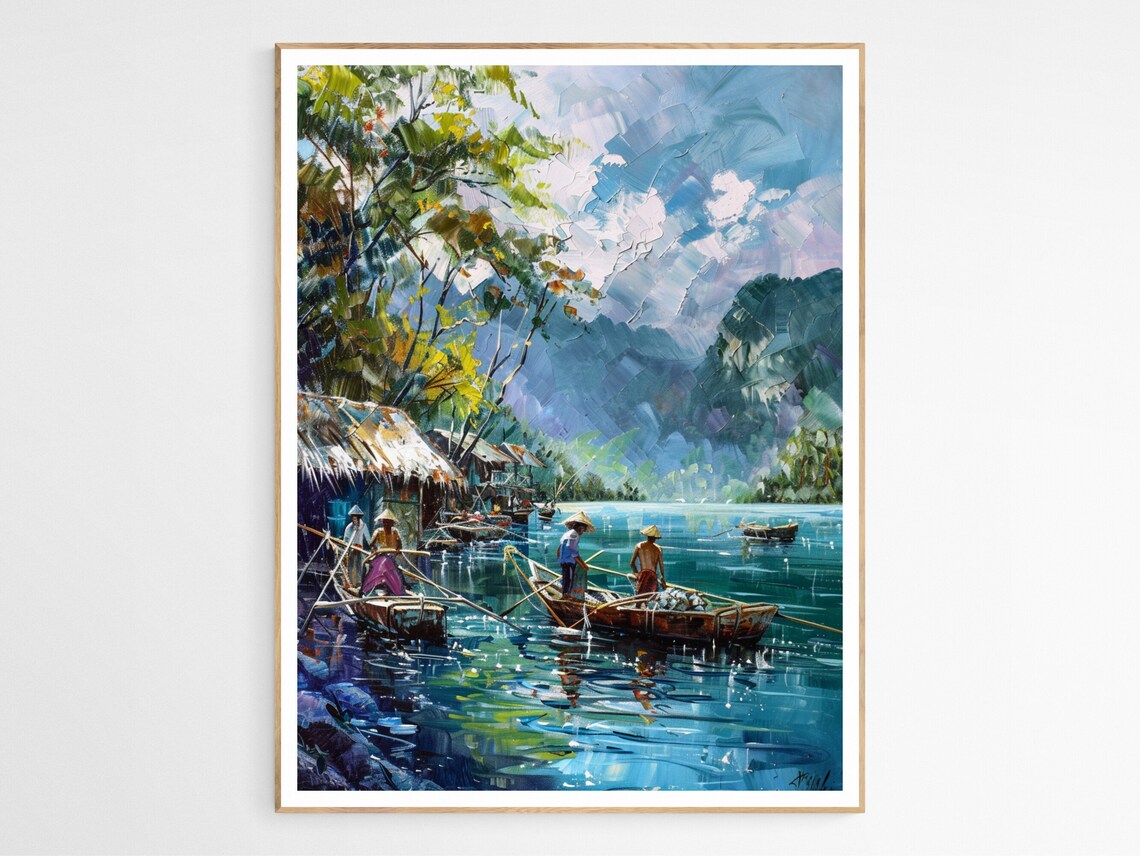 Filipino Fishermen Boats Turquoise Bay Mountain Village Art Poster