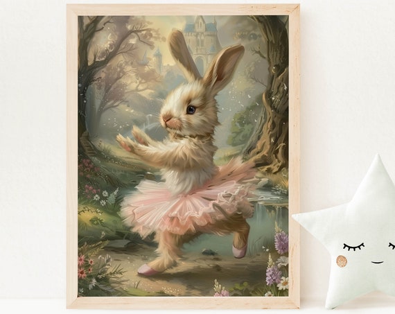 Bunny Ballerina Art Cute Bunny Wallart Pink Tutu Fairytale Print Whimsical Girl Room Decore Nursery Easter Gift Enchanted Castle