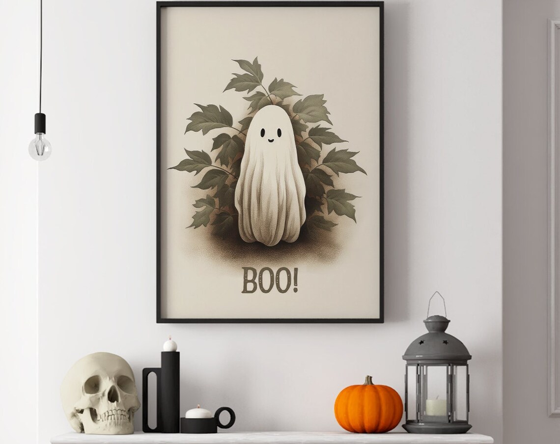 Cute Ghost Boo Vintage Halloween Autumn Leaves Nursery Art Poster - Image 7