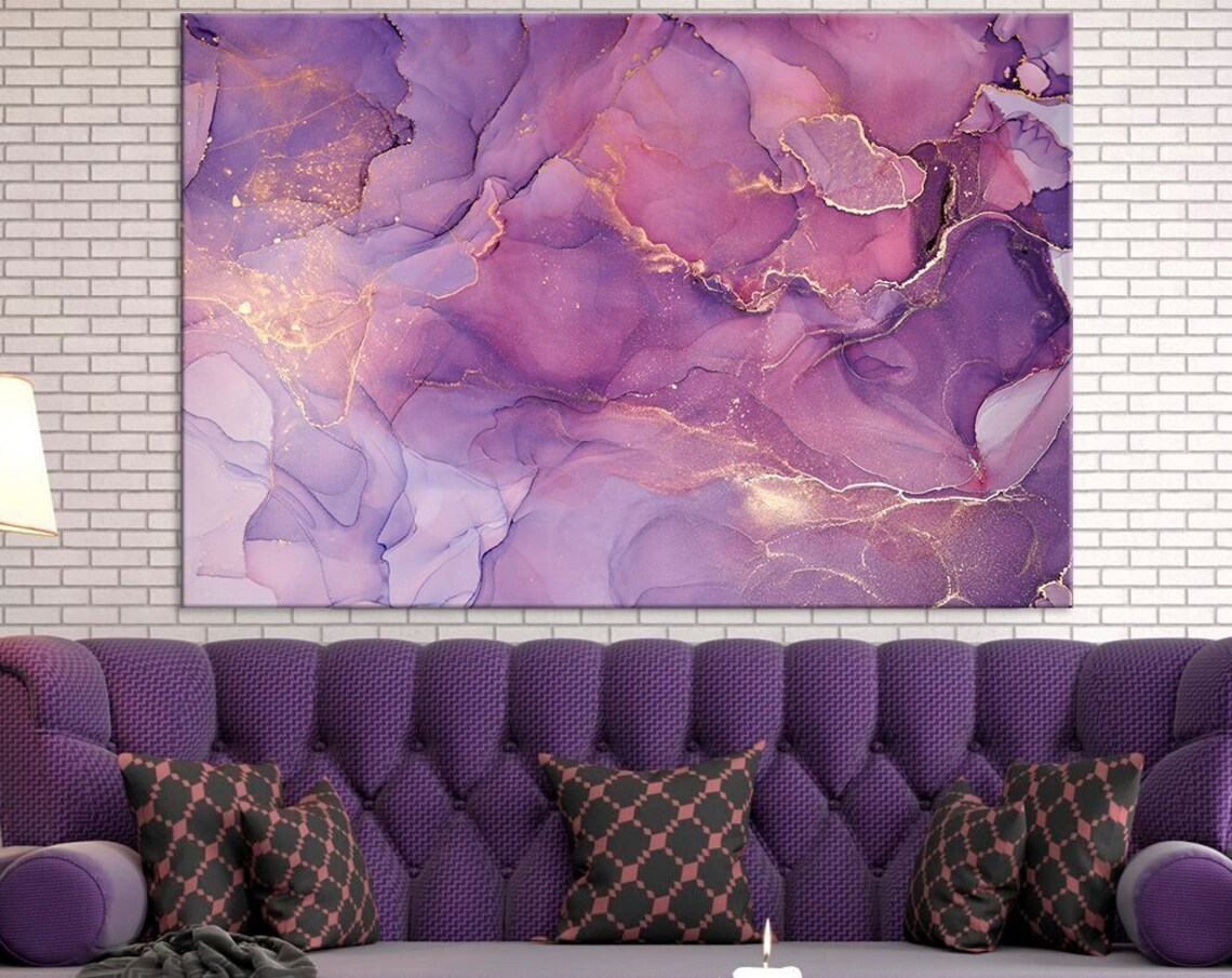 Purple Marble Abstract Art Print, Purple and Gold