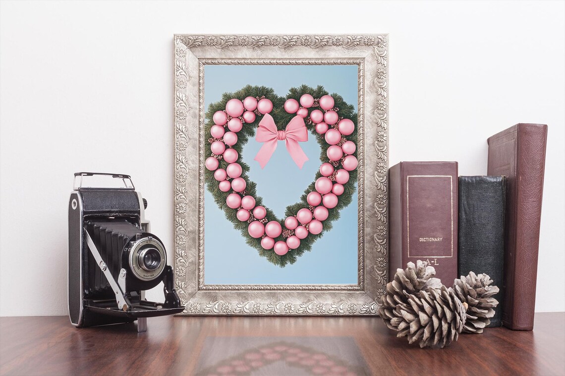 Pink Ornament Heart Wreath With Satin Bow On Blue Holiday Poster - Image 3