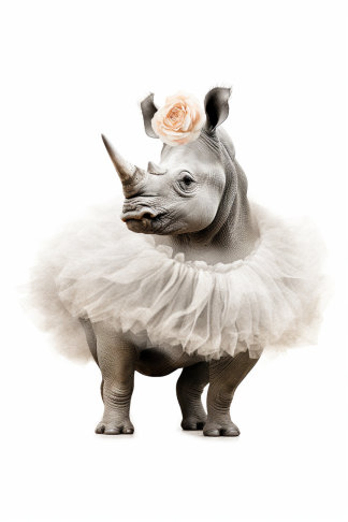 Baby Rhinoceros in White Tulle Tutu with Peach Rose Crown Poster - Image 3