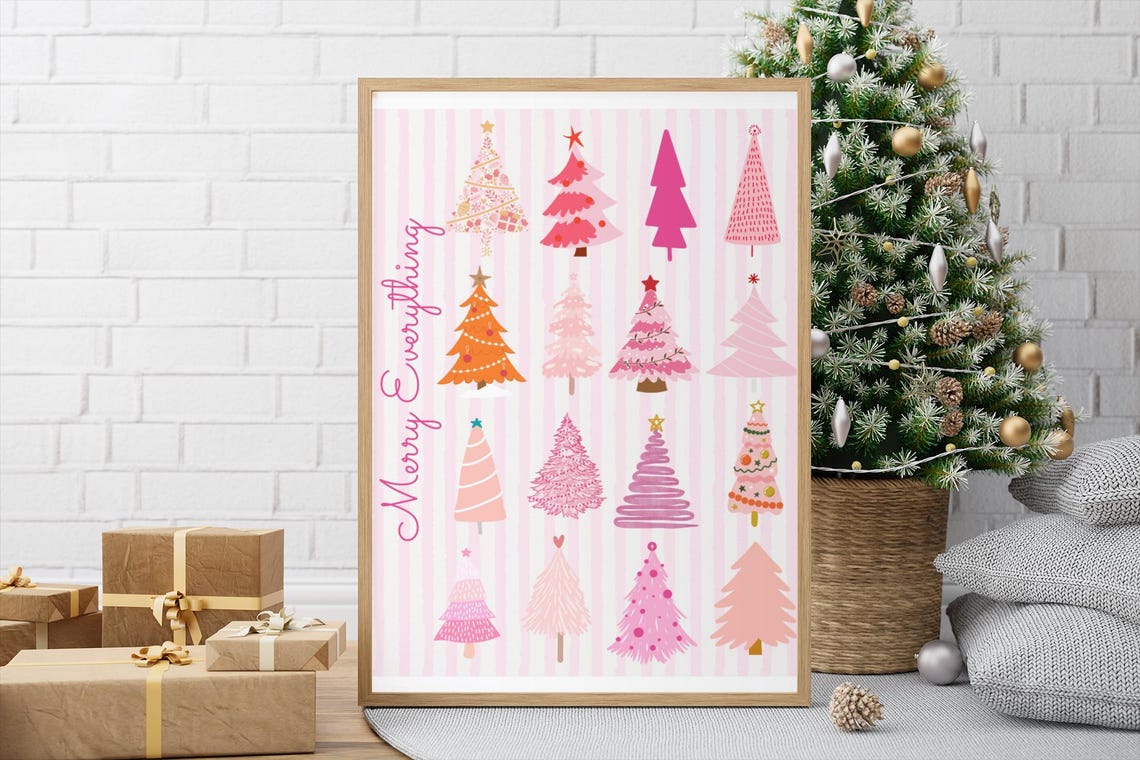 Merry Everything Pink Christmas Trees Pattern Holiday Poster - Image 3