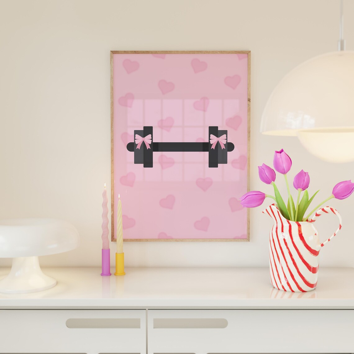 Pink Dumbbell Bows Heart Pattern Coquette Gym Girl Cute Fitness Poster - Image 3