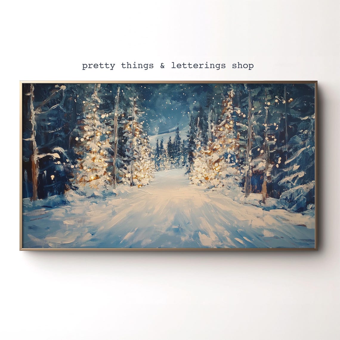 Snowy Winter Forest Path Twinkling Lights Starry Night Poster