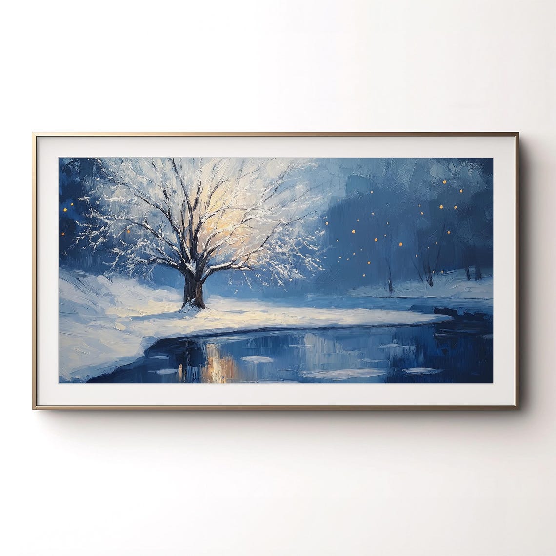 Snowy Tree Frozen Pond Blue Winter Night Landscape Art Poster - Image 3