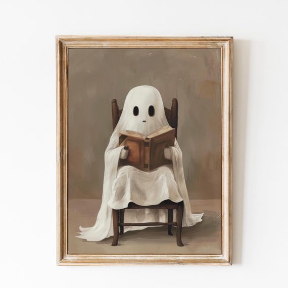 Cute Ghost Reading A Book Print Halloween Decor Spooky Wall Art Reading Lover Vintage Halloween Print Ghost Poster Funny Halloween Art