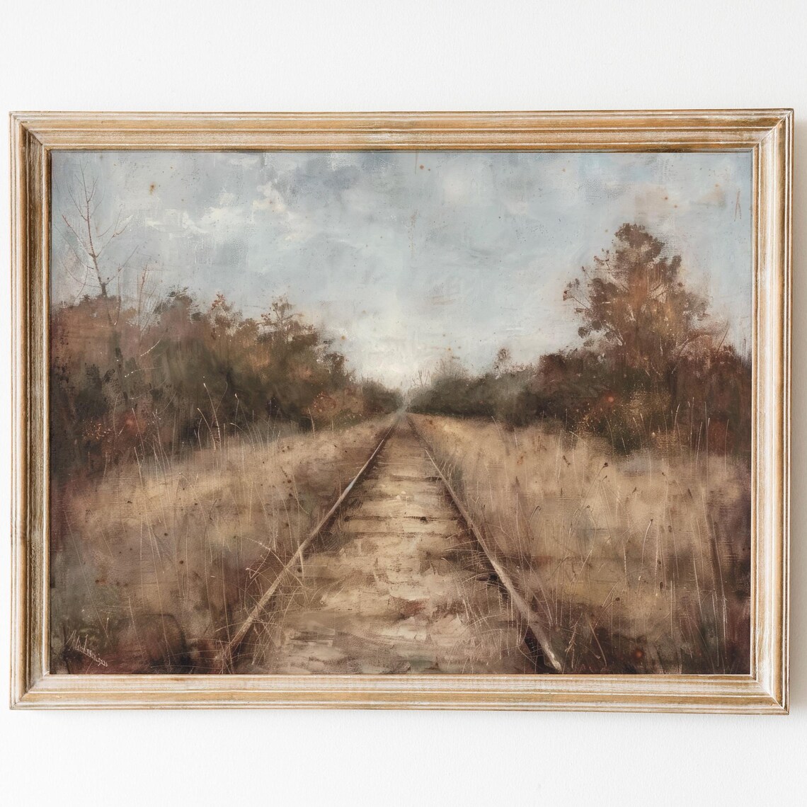 Railroad Tracks Through Autumn Field Moody Vintage Landscape Poster