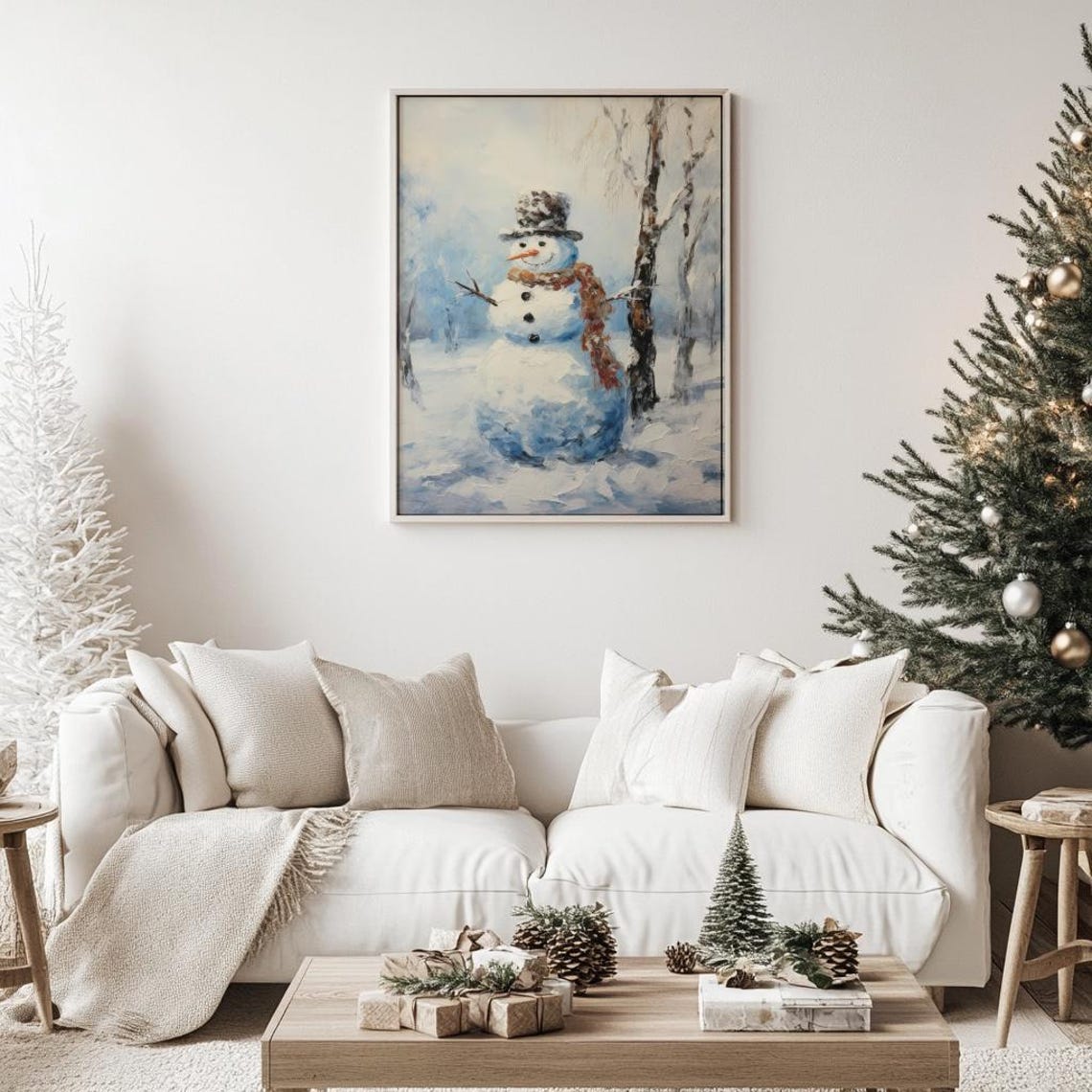 Vintage Snowman in Winter Woods Rustic Snowy Christmas Painting Poster - Image 6