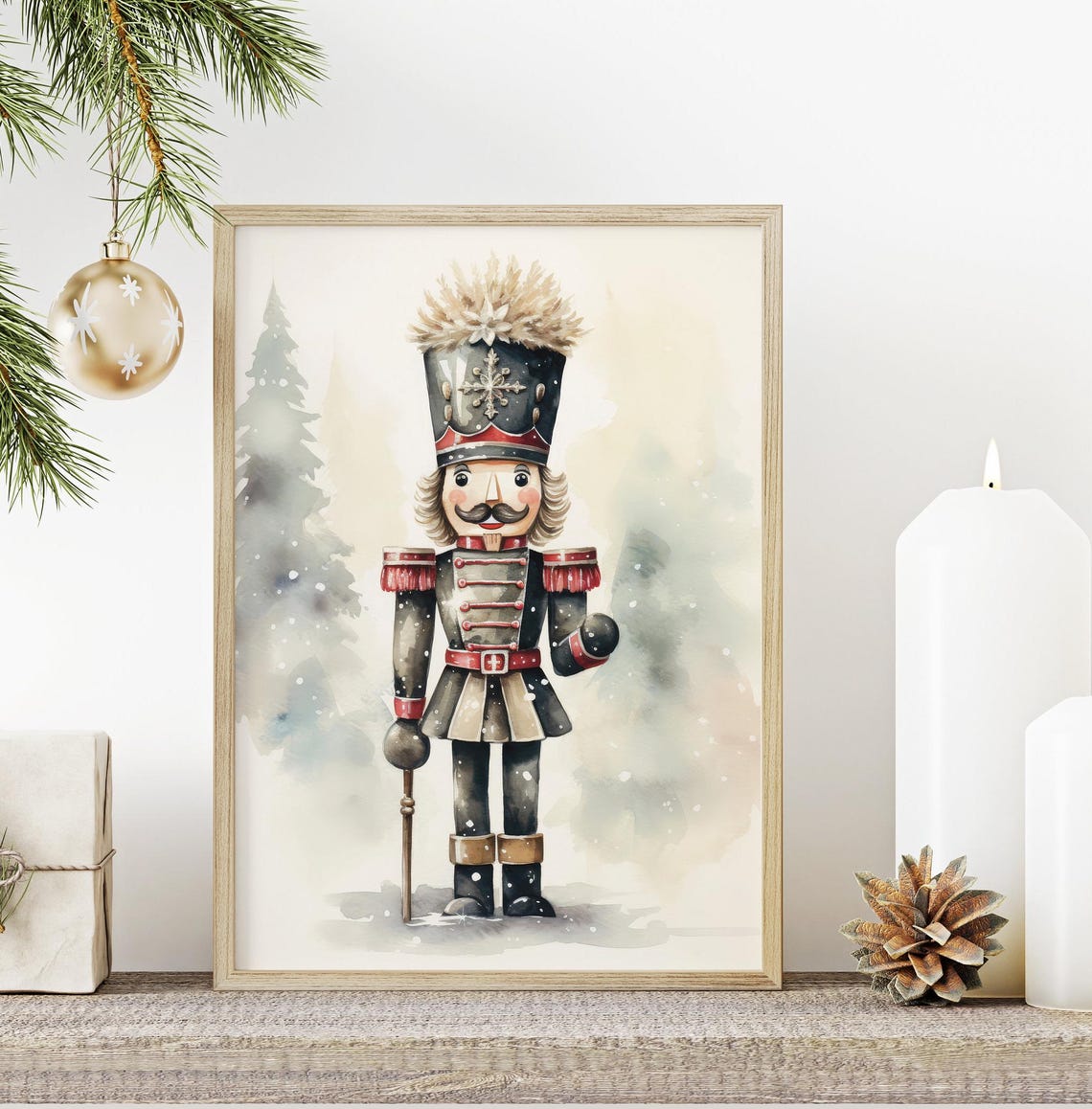 Watercolor Nutcracker In Dark Uniform With Snowy Christmas Poster - Image 5