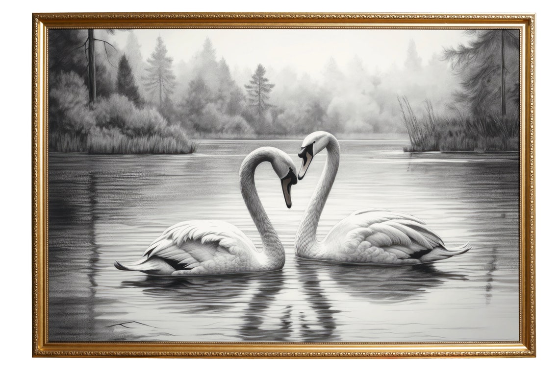 Two Swans Heart Shape Black And White Lake Vintage Love Poster - Image 6