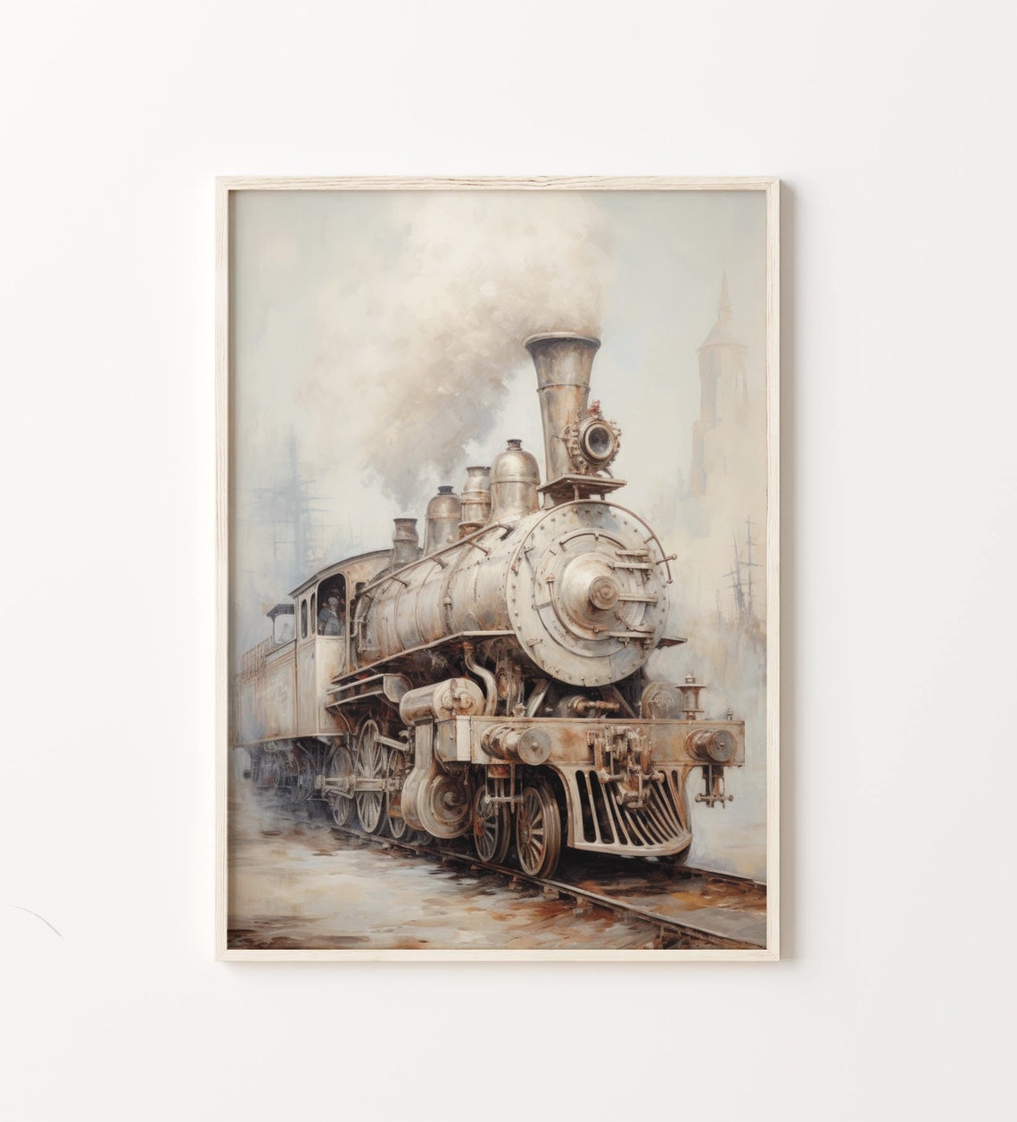 Vintage Steam Locomotive Train Painting Neutral Rustic Decor Poster - Image 5